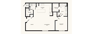 A black and white floor plan of a house with a kitchen, dining area, living room, powder room, bedroom, and closet.