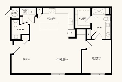 A black and white floor plan of a house with a kitchen, dining area, living room, powder room, bedroom, and closet.