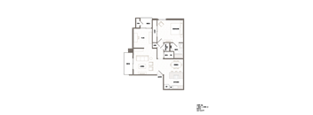 A floor plan of a one bedroom apartment with a living room, kitchen, bathroom, and bedroom.