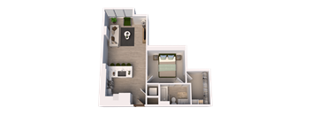 A 3D floor plan of a house with a living room, kitchen, and bedrooms.
