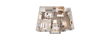 A top-down view of a modern apartment layout with a kitchen, living room, dining area, and bedrooms.