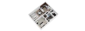 A top down view of a house interior with a kitchen, living room, and bedrooms.