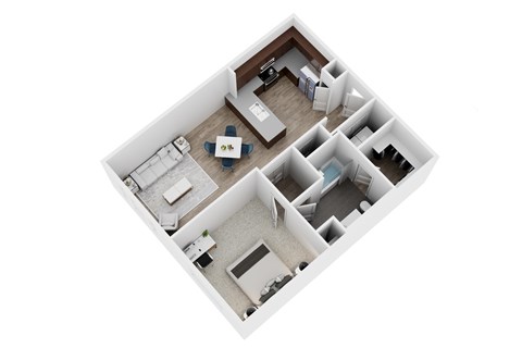 A top down view of a house interior with a kitchen, living room, and bedrooms.