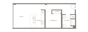 A floor plan of a small apartment with a living room, kitchen, bedroom, bathroom, and closet.