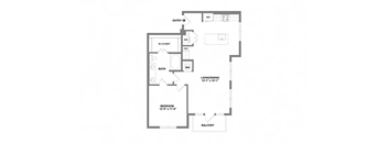 A floor plan of a home with a balcony, bedroom, bath, and living/dining area.