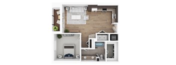 A top-down view of a house layout with a kitchen, living room, bedrooms, and bathrooms.