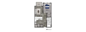 A floor plan of an apartment with a living room, bedroom, kitchen, and bathroom.