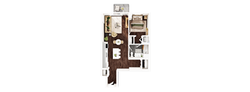 A top-down view of a small apartment layout with a kitchen, living room, and bedroom.