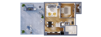A top-down view of a house layout with a living room, kitchen, and dining area.