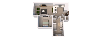 A 3D floor plan of a house with multiple rooms and furniture.
