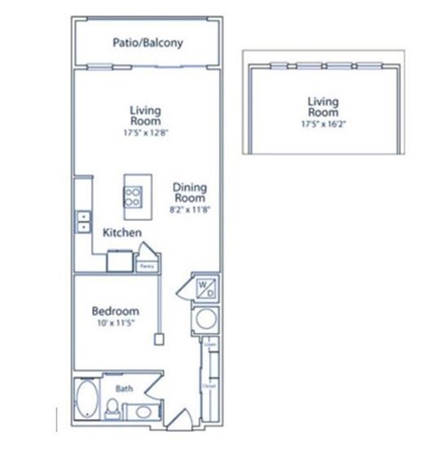 A floor plan of a small apartment with a living room, dining room, kitchen, and bedroom.