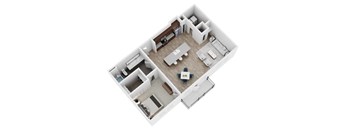 A top-down view of a house interior with a kitchen, living room, and dining area.