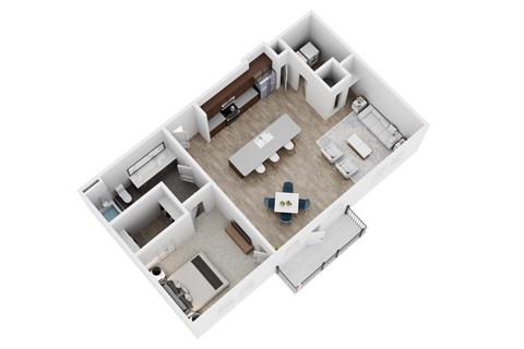 A top-down view of a house interior with a kitchen, living room, and dining area.