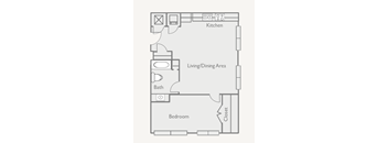 A floor plan of a small apartment with a kitchen, living/dining area, bathroom, and bedroom.