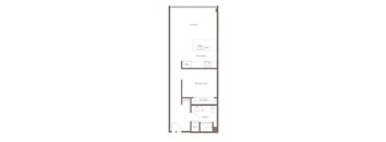 A floor plan of a small apartment with a living room, kitchen, bedroom, and bathroom.