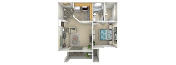 a 3d rendering of a house with a bathroom and a living room