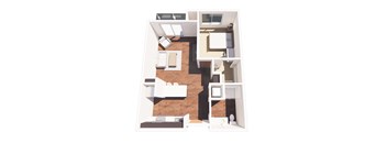 A top-down view of a house layout with a kitchen, living room, and bathroom.