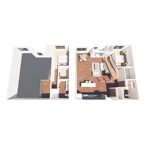 Two images of a house layout with a kitchen, living room, and staircase.