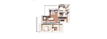 A 3D floor plan of a house with a kitchen, living room, and bedrooms.