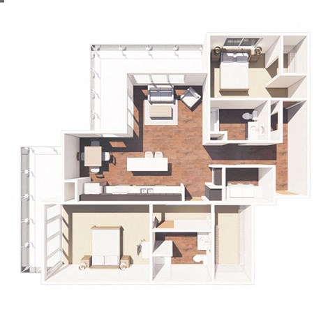 A 3D floor plan of a house with a kitchen, living room, and bedrooms.