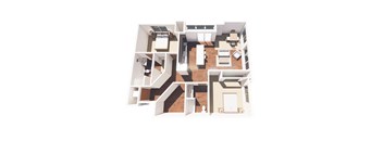 A cutaway view of a house showing the layout of the rooms.