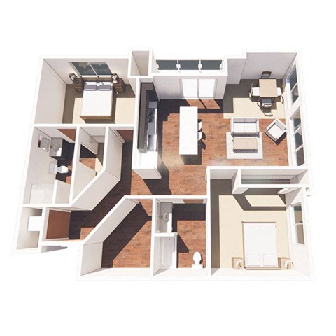 A cutaway view of a house showing the layout of the rooms.