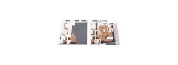 Two images of a house layout with a kitchen and living room.