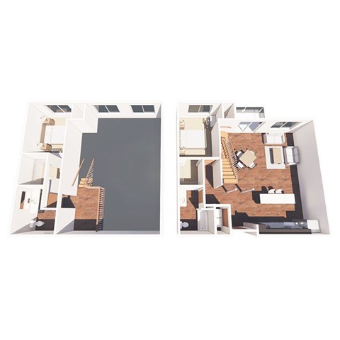 Two images of a house layout with a kitchen and living room.