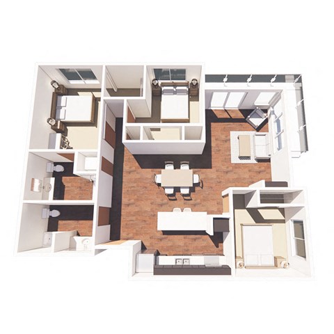 3d floor plan of a house with bedrooms and a living room