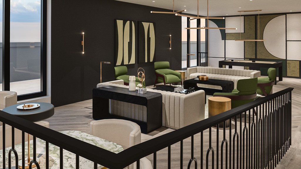 A modern living room with a black and white color scheme.