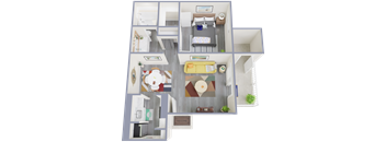 a 3d rendering of our 1 bedroom apartment at princeton court apartments in dallas