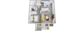 a 3d rendering of the 1 bedroom 1 bathroom apartment with a large living room and dining