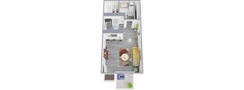 a view of the living room from the top of the stairs