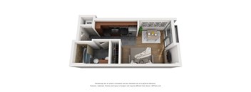 an apartment with a bedroom and a living room