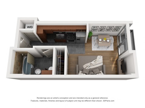 an apartment with a bedroom and a living room