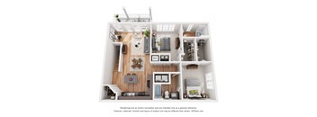a stylized floor plan with a bedroom and a living room