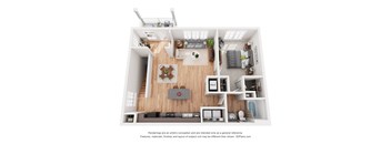 a stylized floor plan with a bedroom and living room