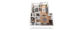 a stylized floor plan with a bedroom and living room
