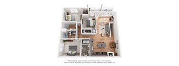 a stylized floor plan with a bedroom and living room