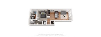 a stylized floor plan with a bedroom and living room