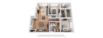 a stylized floor plan with a bedroom and a living room