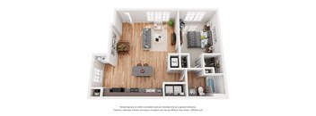 a 1 bedroom floorplan is shown in this rendering