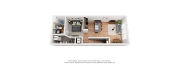 a stylized floor plan with a bedroom and a living room
