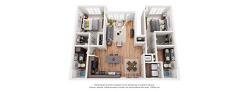 a stylized floor plan with a bedroom and living room