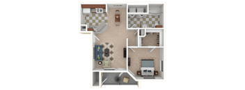 A 3D in-game layout of a house with a kitchen, living room, and bathroom.