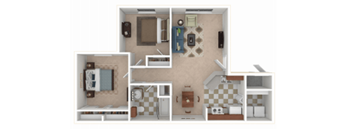 A floor plan of a small apartment with a kitchen, living room, and bathroom.
