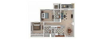A floor plan of a small apartment with a kitchen, living room, and two bathrooms.