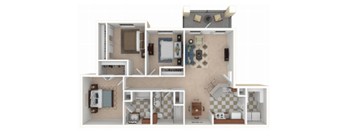 A floor plan of a house with a kitchen, living room, and two bedrooms.