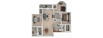 A floor plan of a house with a kitchen, living room, and two bedrooms.