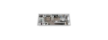 A top-down view of a house layout with a living room, kitchen, and bathroom.